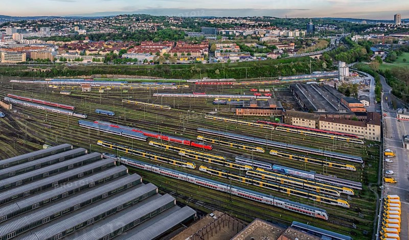 Tracks and points at Rosenstein railway sidings and parked trains. After completion of the Stuttgart 21 project, flats and the new Rosenstein quarter and flats are to be built here. Aerial view. Stuttgart, Baden-Württemberg, Germany, Europe