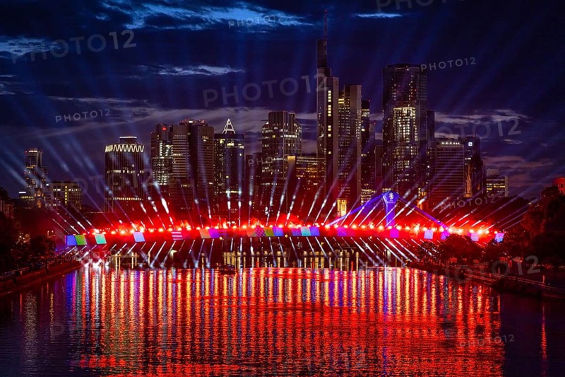 On Wednesday, 12 June 2024, the city of Frankfurt am Main will celebrate the start of the European Football Championship with a spectacular light show from 22:30. The eastern side of the Flößerbrücke bridge will be transformed into a spectacular spectacle of light and colour in the colours of the 24 participating nations, Frankfurt am Main, Hesse, Germany, Europe
