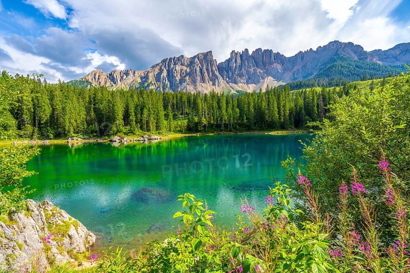 Stunning view of the emerald green water of lake carezza with the latemar mountain range in the background, dolomites, south tyrol, italy