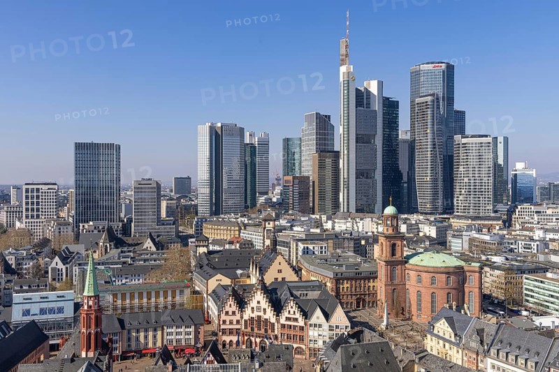 The view from St. Bartholomew's Cathedral takes in Frankfurt city centre and the banking skyline, Frankfurt am Main, Hesse, Germany, Europe
