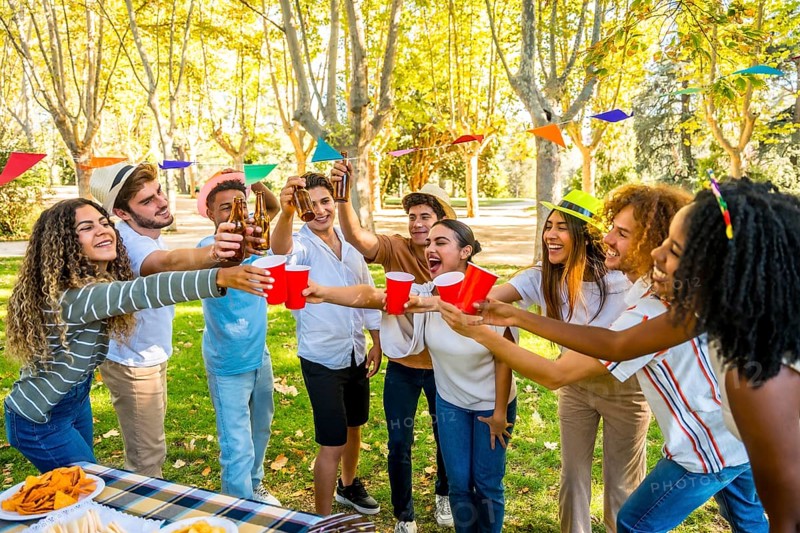 Multi-ethnic friends toasting celebrating birthday with a picnic together in a park