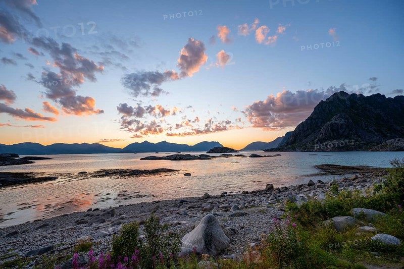 Coast with pebble beach, coastal landscape at sunset, Henningsvær, Lofoten, Nordland, Norway, Europe