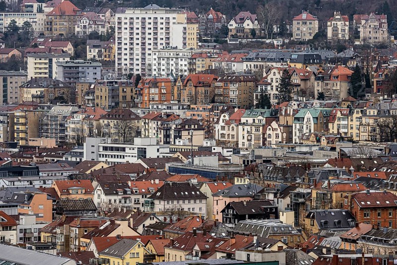View from the Karlshöhe of the buildings and roofs of the densely populated city. Stuttgart, Baden-Württemberg, Germany, Europe