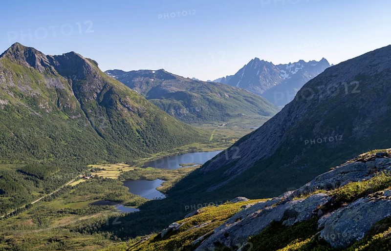 Mountain landscape and valley with lakes, near the Austnesfjord, Svolvaer, Nordland, Norway, Europe