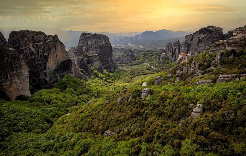 Sunset over the Monastery of Rousanou and the Monastery of St Nicholas Anapavsa, Anapavsas, Metéora Monasteries, Kalambaka, Trikala, Thessaly, Greece, Europe