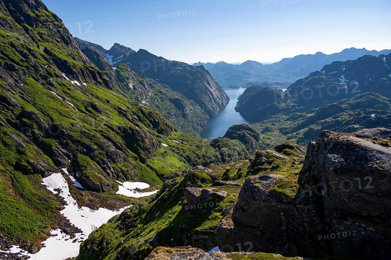 Picturesque mountain landscape, Trollfjord and Raftsund fjord, hike to Trollfjord Hytta, Lofoten, Nordland, Norway, Europe