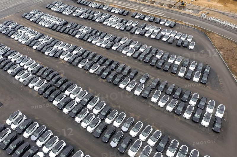 Aerial view of Tesla Y models produced in the Tesla Giga Factory, Grünheide, 28 01 2023