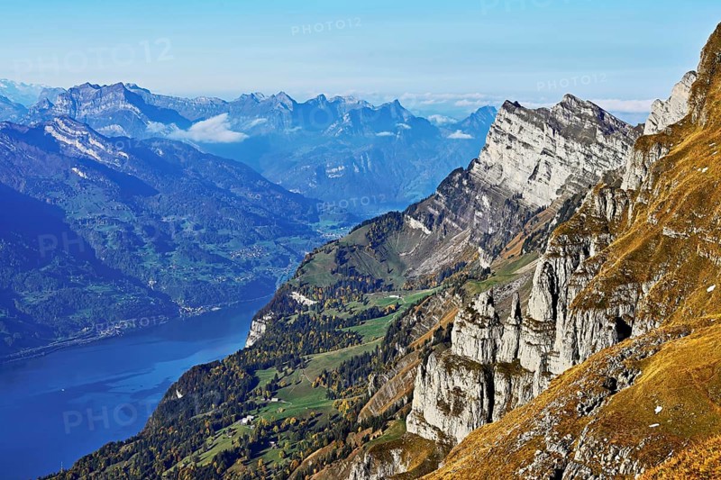 View of Lake Walen from Chäserrugg, Toggenburg, Canton of St. Gallen, Switzerland, Europe
