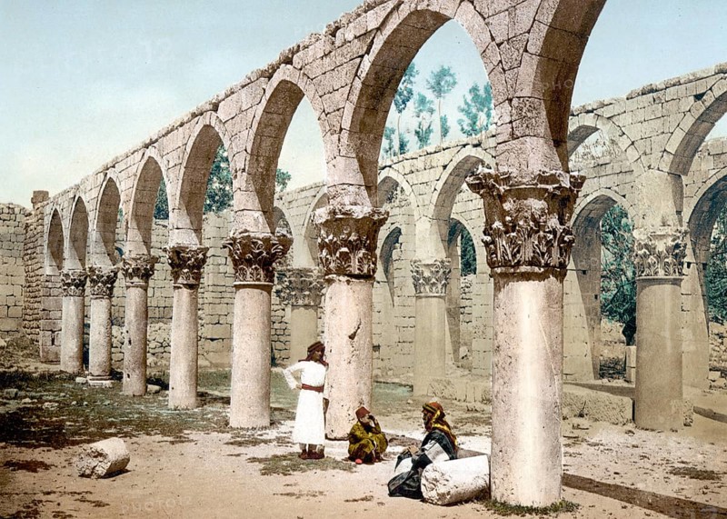 Colonnade of the ancient mosque, Baalbek, Holy Land, Lebanon, c. 1890, Historic, digitally restored reproduction from a 19th century original, Colonnade of the ancient mosque, the Holy Land, 1890, Historic, digitally restored reproduction from a 19th century original, Asia