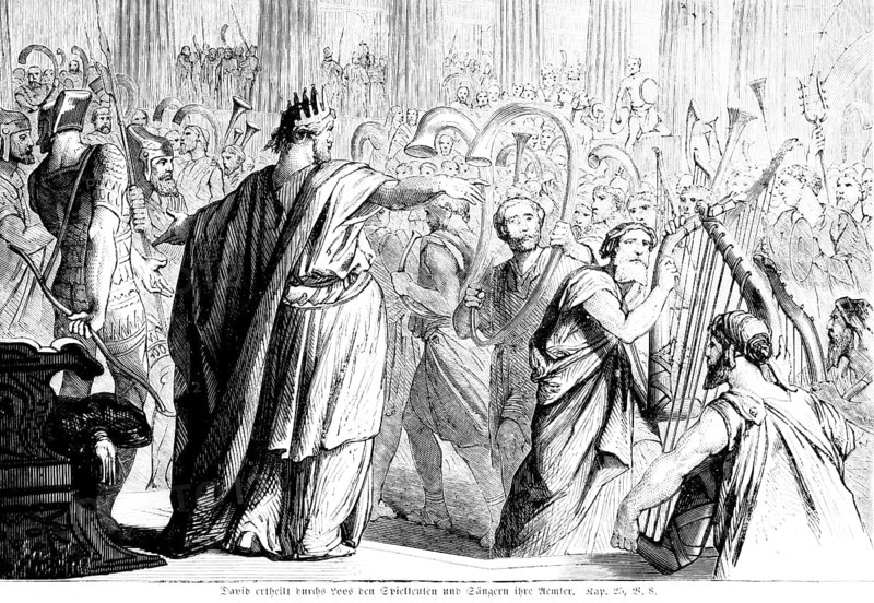 David grants by lot to the minstrels and singers their offices, lot, teacher, pupil, small, cast, crowd, trumpets, harp, Bible, Old Testament, First Book of Chronicles, Chapter 25, Verse 8, historical illustration circa 1850