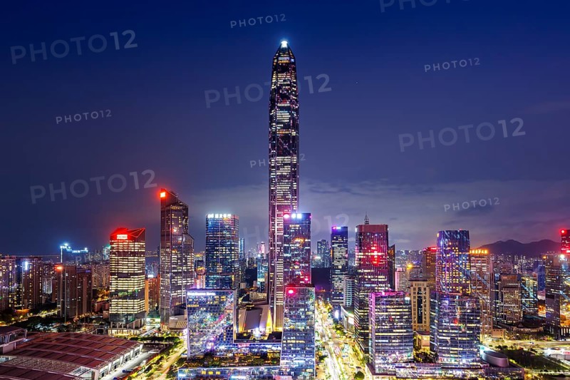 Shenzhen skyline with skyscrapers city centre downtown at night in Shenzhen, China, Asia