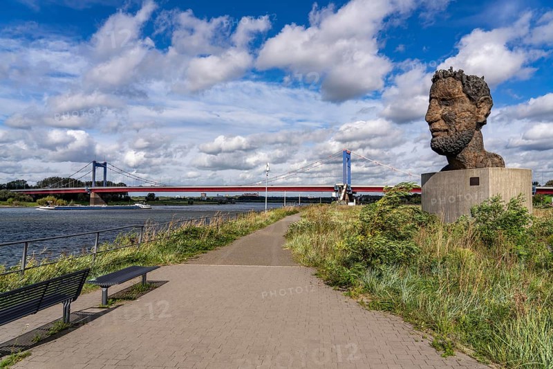The Friedrich Ebert Bridge over the Rhine between Ruhort and Homberg, Mercator Island, sculpture Echo of Poseidon, by Markus Lüpertz, Duisburg, North Rhine-Westphalia, Germany, Europe