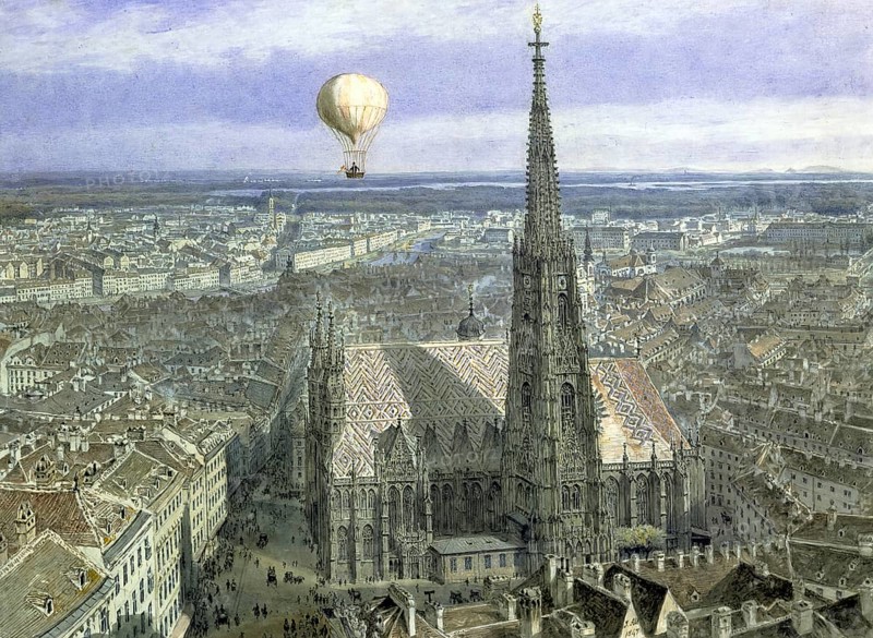 Hot air balloon flies over the city of Vienna and St Stephen's Cathedral, 1847, Painting by Jakob Alt, German-Austrian landscape painter, draughtsman and lithographer, Historic, digitally restored reproduction from a 19th century original, Record date not stated