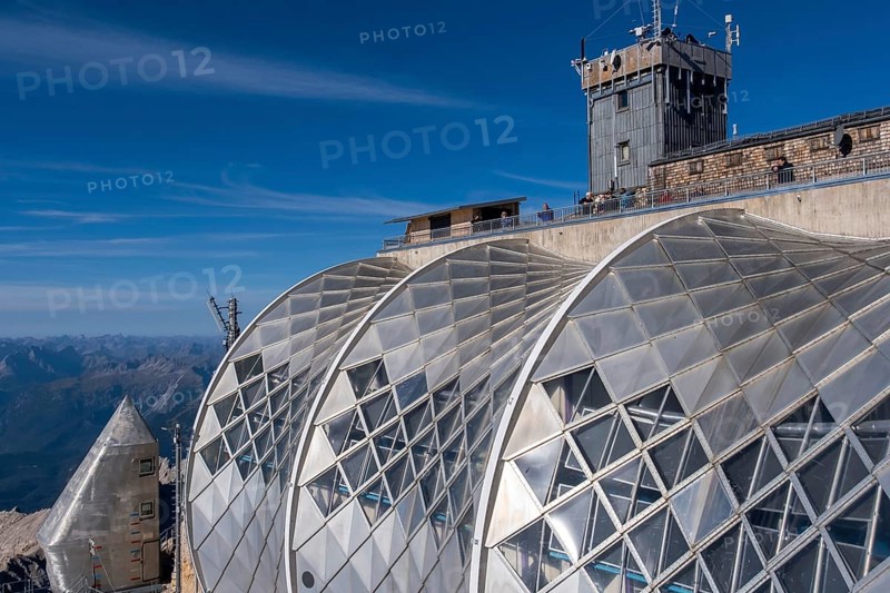 Zugspitze, above the Münchner Haus and the tower of the weather station, below the three hyperbolic shells of the radio transmission centre, bottom left the former altitude radiation measuring station, Zugspitze, Garmisch-Partenkirchen, Werdenfelser Land, Upper Bavaria, Bavaria, Germany, Europe