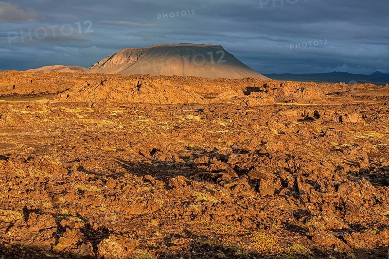 Large lava field and volcanic crater in the midnight sun, clouds, mood, Burfellshraun, Myvatn, North Iceland, Iceland, Europe