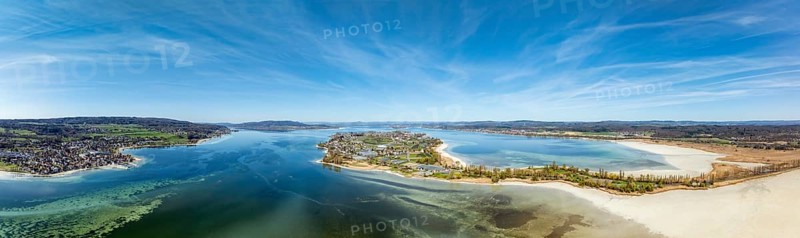 Aerial view, panorama of the island of Reichenau at low tide and spring-like vegetation, Lake Constance, district of Constance, Baden-Württemberg, Germany, Europe
