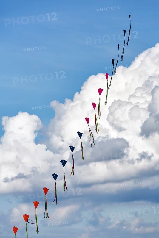 Strung kites flying in the sky, garland, kite festival in Vinsebeck, Steinheim, Eggegebirge and Southern Teutoburg Forest nature park Park, Weserbergland, North Rhine-Westphalia, Germany, Europe