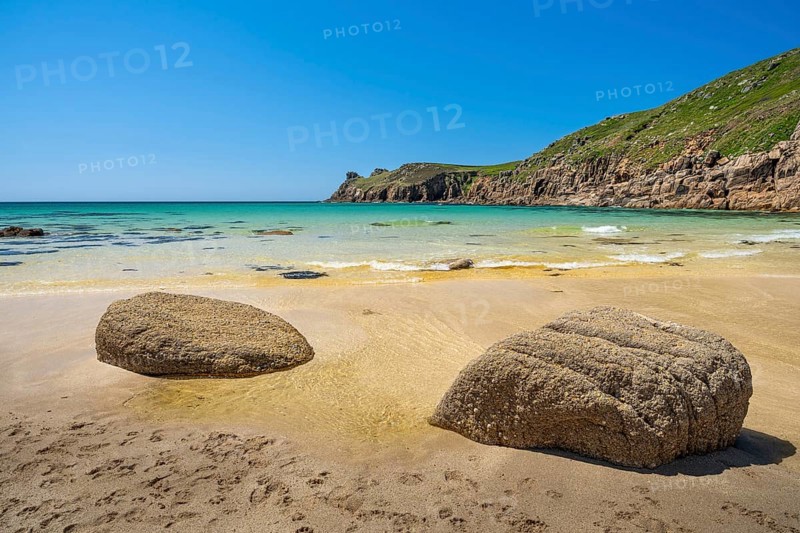 Sandy beach beach and rocks in Nanjizal Bay or Nanjizal Beach. St Just, Penzance, Cornwall, England, Great Britain