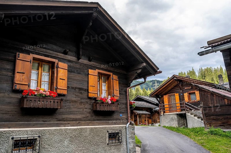 Traditional wooden houses in the mountain village of Fionnay, Val de Bagnes, Valais, Western Alps, Switzerland, Europe