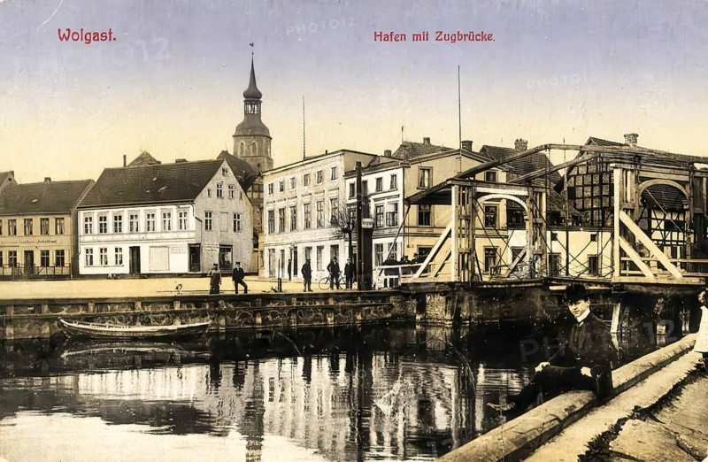 Historical postcard, picture postcard, harbour with drawbridge of Wolgast, Mecklenburg-Western Pomerania, Germany, digitally enhanced reproduction of an original from around 1900, picture postcard, Europe
