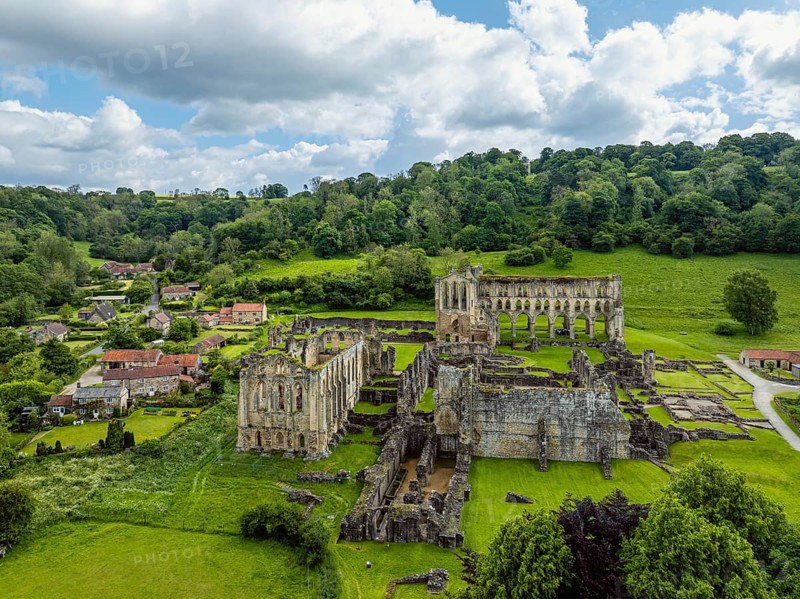 Rievaulx Abbey from a drone, North York Moors National Park, North Yorkshire, England, United Kingdom, Europe