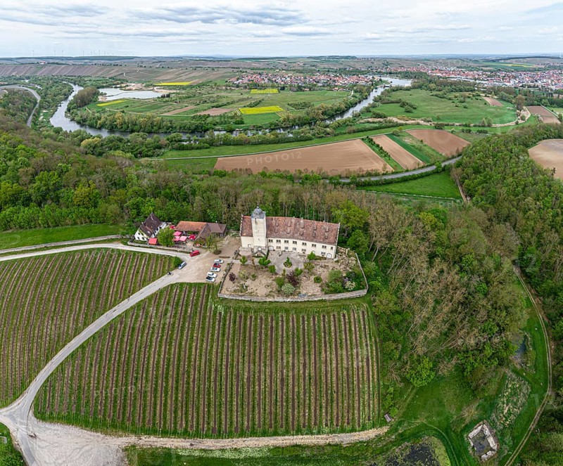 Aerial view of castle Hallburg near Volkach, main river in the back, Germany, Europe