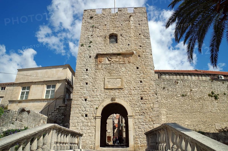Stairs and medieval city gate leading into the old town of Korcula, Marco Polo, Adriatic Sea, Mediterranean Sea, Croatia, Europe