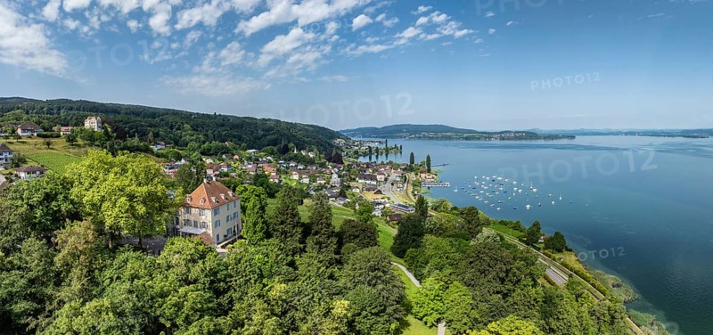 Aerial view, panorama of Arenenberg with Arenenberg Castle, Napoleon Museum, on the lakeshore the municipality of Mannenbach-Salenstein on western Lake Constance, on the horizon the Höri peninsula and the Hegau mountains, municipality of Salenstein, Canton Thurgau, Switzerland, Europe