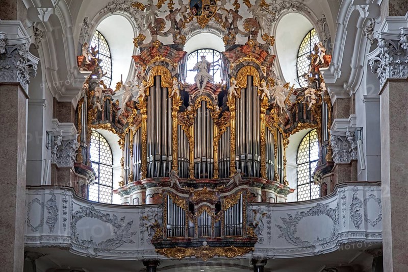 Church, baroque basilica St. Mang, interior view, organ, Füssen, Ostallgäu, Bavaria Germany