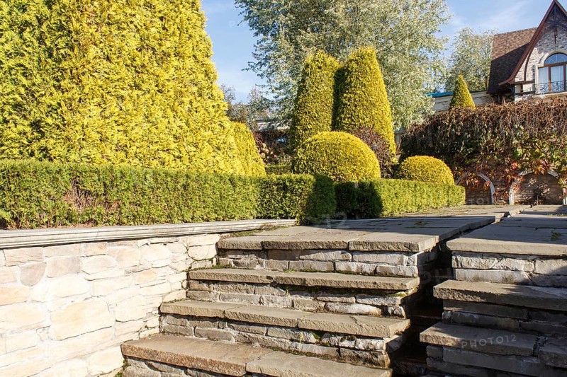 Cottage garden with stone stairs and retaining wall, Modern landscape design