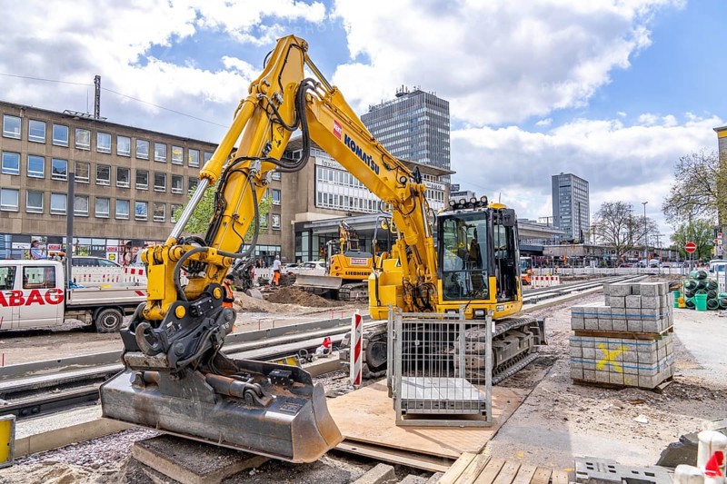 Construction site at the main railway station, for the new Citybahn, a new tram line over 5 km long, which will connect the west of Essen, the new district 51, with the city centre from 2026, Essen, North Rhine-Westphalia, Germany, Europe