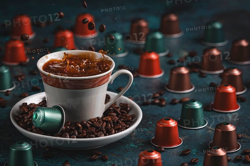 Coffee cup with splashing coffee and falling coffee beans surrounded by capsules
