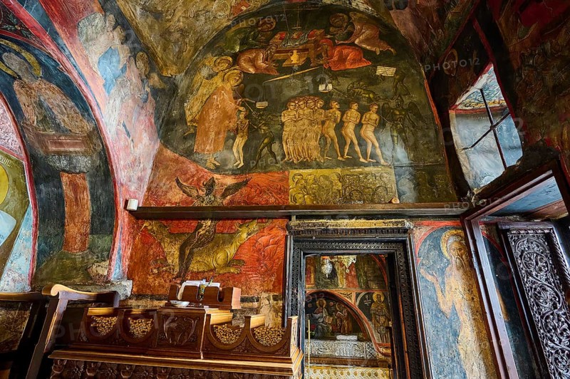 Historical painting with religious themes and figures on a wall in an Orthodox church, scenes from the Last Judgement, Inside the monastery, Agiou Theologou Monastery, Chora, Patmos, Dodecanese, Greek Islands, Greece, Europe