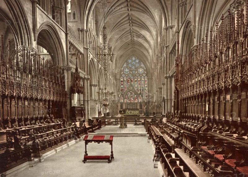 Choir of Lincoln Cathedral, Cathedral Church of the Blessed Virgin Mary of Lincoln, The Cathedral Church of St Mary, one of the most important works of English Gothic art, England, c. 1890, Historic, digitally restored reproduction from a 19th century original