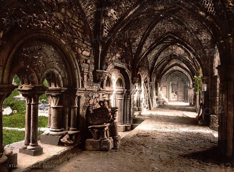 Cloister in St Bavo's Abbey, an abbey in the Flemish city of Ghent near the confluence of the Leie and Scheldt rivers, Belgium, ca 1895, Historical, digitally restored reproduction from a 19th century original, Record date not stated, Europe