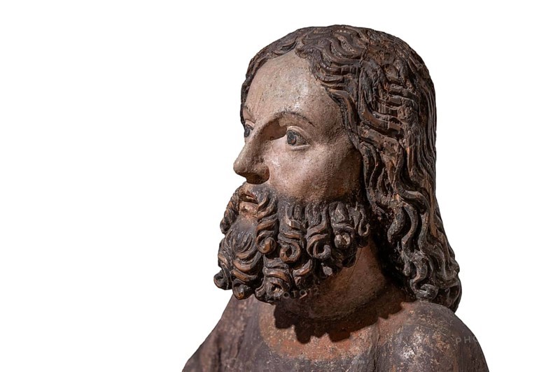 Head of Jesus, around 1470, on a white background, only the body of Jesus remains of the palm donkey, Strigel Museum, Martin-Luther-Platz 1, Memmingen, Swabia, Bavaria