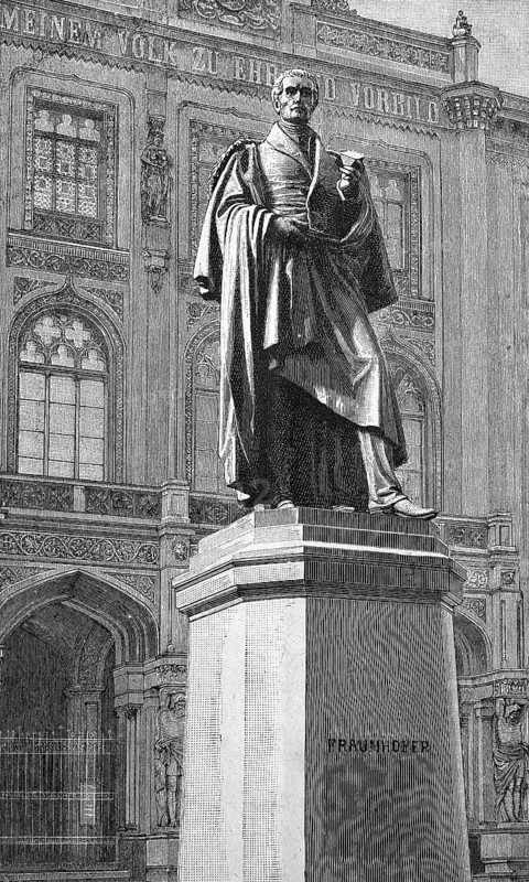 The monument of Fraunhofer in Munich, Germany, in 1887, Joseph Fraunhofer, Knight of Fraunhofer since 1824, 6 March 1787, 7 June 1826, a German optician and physicist, Historical, digital reproduction of an original from the 19th century, Europe