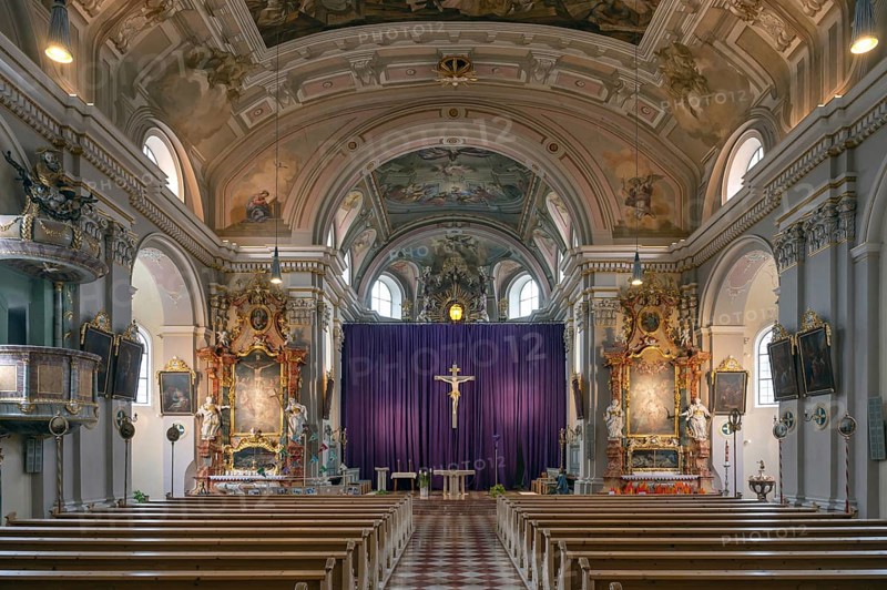 Interior with large purple Lenten cloth in front of the high altar, baroque parish church of St Nicholas, built between 1722 and 1724, Kirchacker 20, Tannheim, Austria, Europe