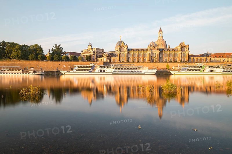 Silhouette of the Old Town with reflection in the Elbe in the morning, steamboats on the Terrassenufer, Brühl's Terrace, Academy of Fine Arts and Church of Our Lady, Dresden, Saxony, Germany, Europe