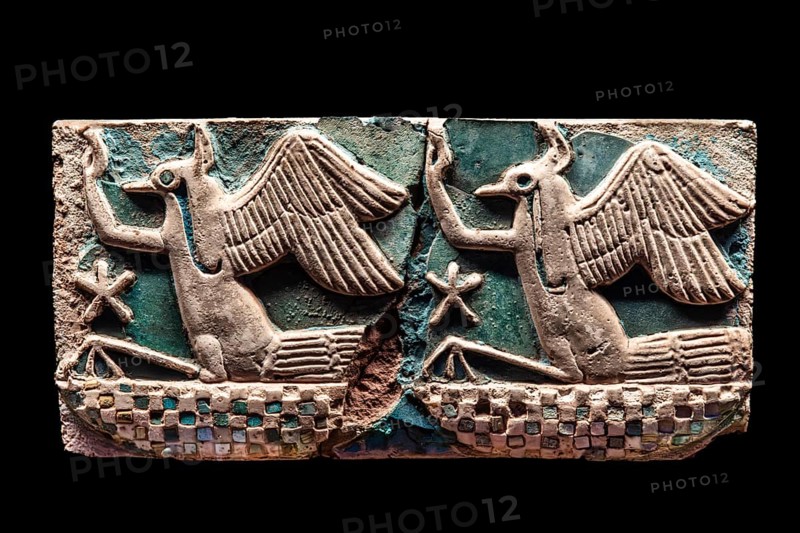 Tile from the frieze with Rechit birds from the exhibition: Ramses the Great and the Gold of the Pharaohs, Cologne, North Rhine-Westphalia, Germany, Europe