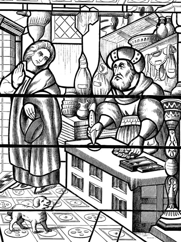 Stained glass in the church Église Saint-Alpin in Châlons-en-Champagne, Marne, historical monument, business in the Middle Ages, money lender, France, historical illustration 1880, Europe