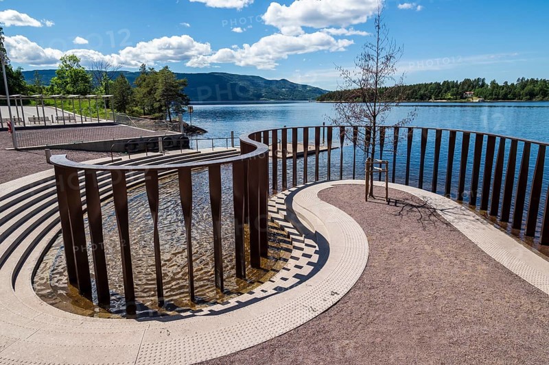 Memorial for the Utøya terror attack of 2011, metal pillars for every person killed, Utøyakaia at the Tyrifjord, Norway, Europe