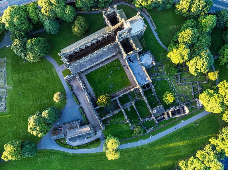 Top Down over Kirkstall Abbey from a drone, Kirkstall, River Aire, Leeds, West Yorkshire, England, United Kingdom, Europe