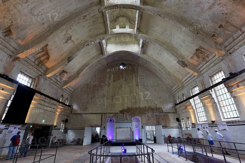 Old sewage treatment plant, former flood pumping and sewage treatment plant from 1910, main hall with sewage channels, industrial monument, Krefeld-Uerdingen, North Rhine-Westphalia