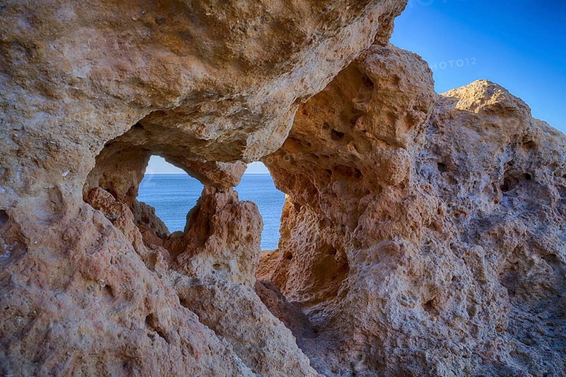 Eyes, Algar Seco rock formation, coloured rocks and underground caves, caves, shell limestone, Carvoeiro, Algarve, Portugal, Europe