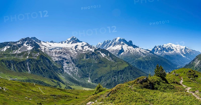 Mountain panorama with glaciated mountain peaks, Aiguille Verte with Aiguille du Midi and Mont Blanc, hike to Aiguillette des Posettes, Chamonix, Haute-Savoie, France, Europe