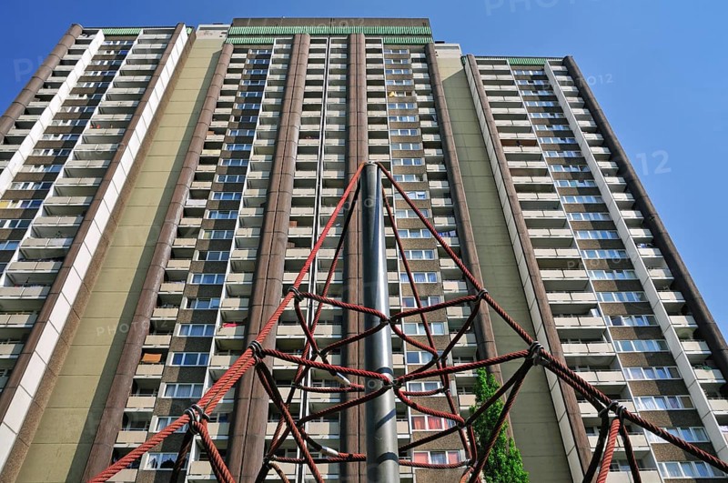Residential tower block KölnBerg, a social hotspot in the Meschenich district of Cologne, North Rhine-Westphalia, Germany, Europe