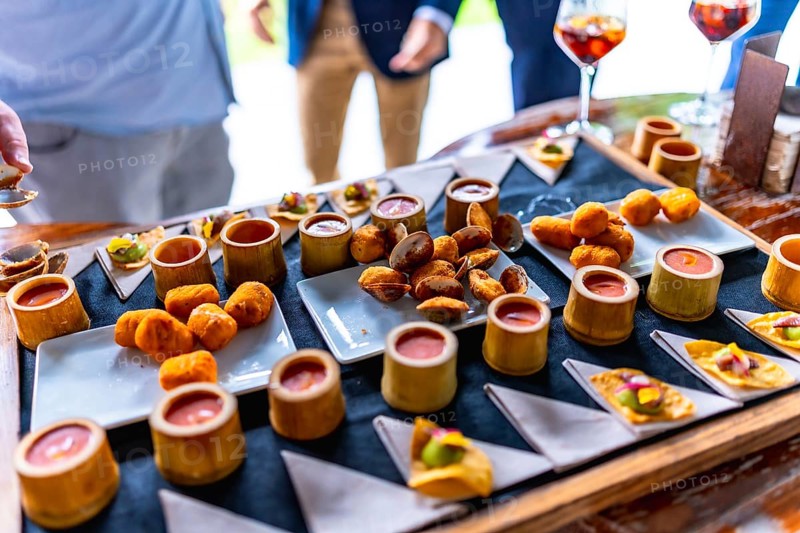 Gourmet appetizers beautifully arranged on a tray at a wedding reception, featuring various finger foods and drinks, creating an elegant dining experience