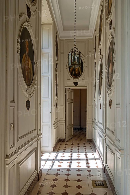 La Galerie, gallery with painted portraits at Château de Bel?il, castle in Beloeil and residence of the princes of Ligne, Hainaut, Wallonia, Belgium, Europe