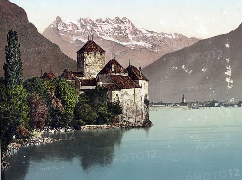 Chillon Castle (French: Château de Chillon (?i'j?~) is a medieval moated castle in the Swiss canton of Vaud, Switzerland, Historic, digitally restored reproduction from a 19th century original, Record date not stated, Europe